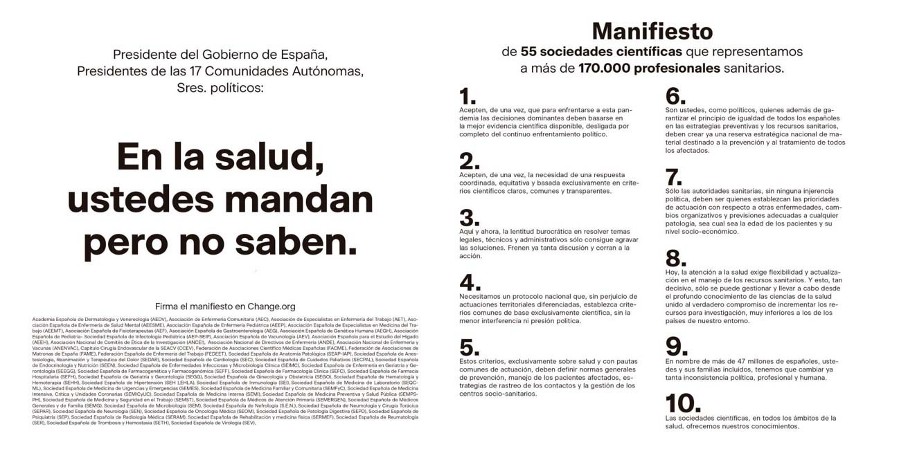 COVID-19 | Manifiesto de sanitarios españoles: "En la salud, ustedes mandan pero no saben"