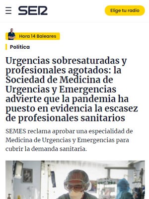 Urgencias sobresaturadas y profesionales agotados: la Sociedad de Medicina de Urgencias y Emergencias advierte que la pandemia ha puesto en evidencia la escasez de profesionales sanitarios