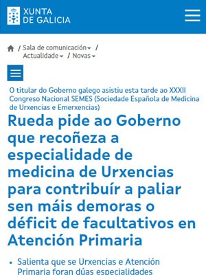 Rueda pide ao Goberno que recoñeza a especialidade de medicina de Urxencias para contribuír a paliar sen máis demoras o déficit de facultativos en Atención Primaria