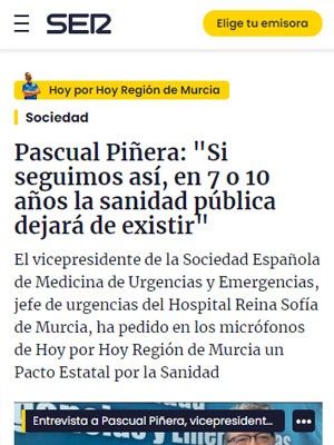 Pascual Piñera: "Si seguimos así, en 7 o 10 años la sanidad pública dejará de existir"