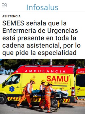 SEMES señala que la Enfermería de Urgencias está presente en toda la cadena asistencial, por lo que pide la especialidad