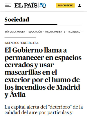 El Gobierno llama a permanecer en espacios cerrados y usar mascarillas en el exterior por el humo de los incendios de Madrid y Ávila