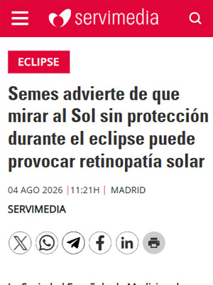 Semes advierte de que mirar al Sol sin protección durante el eclipse puede provocar retinopatía solar